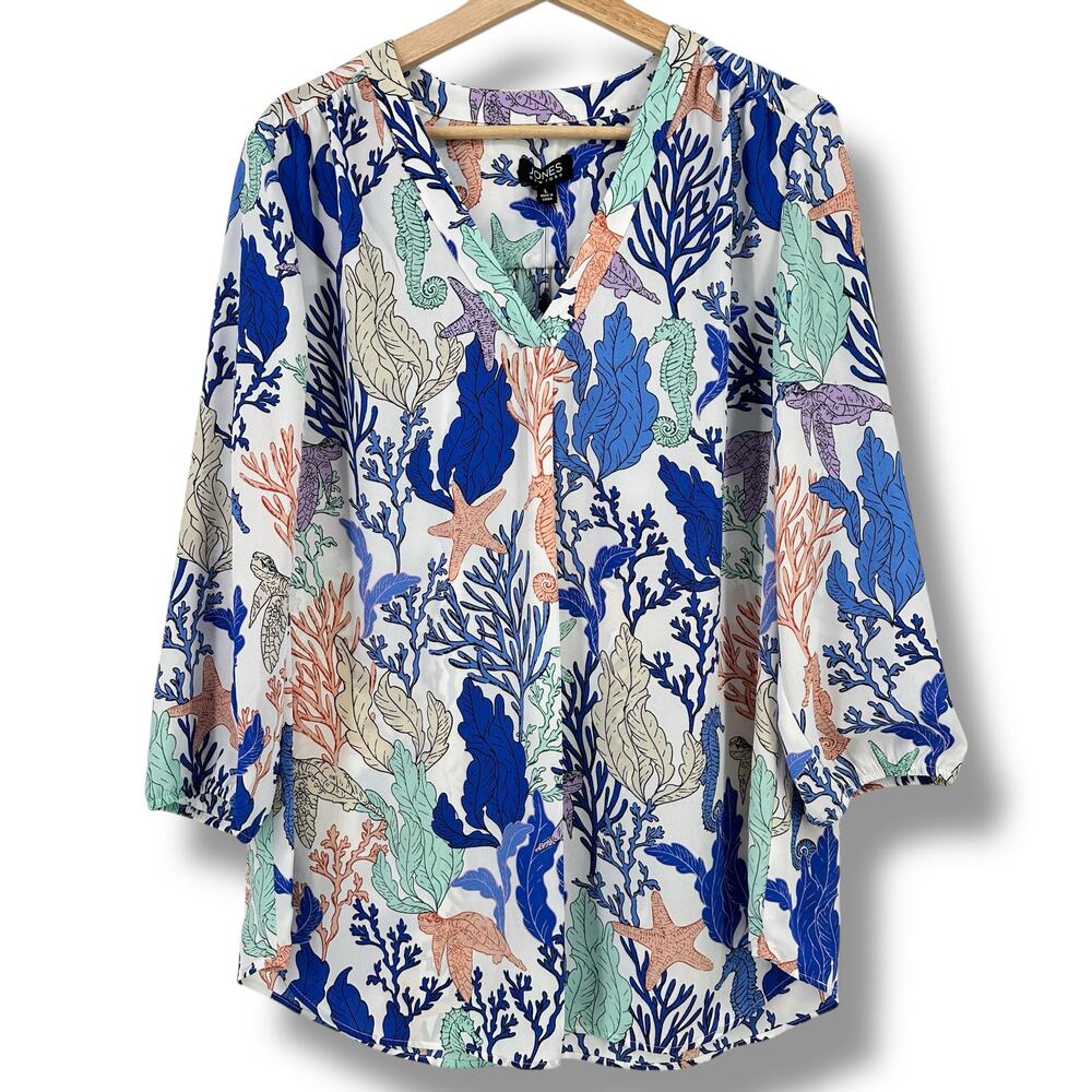 Jones New York Turtle Seahorse Seascape Print Tunic Shirt Womens Size Large